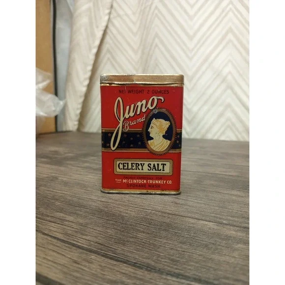 VINTAGE JUNO BRAND CELERY SALT SPICE TIN THE MC CLINTOCK-TRUNKEY CO, Spokane, Wa - Picture 3 of 6